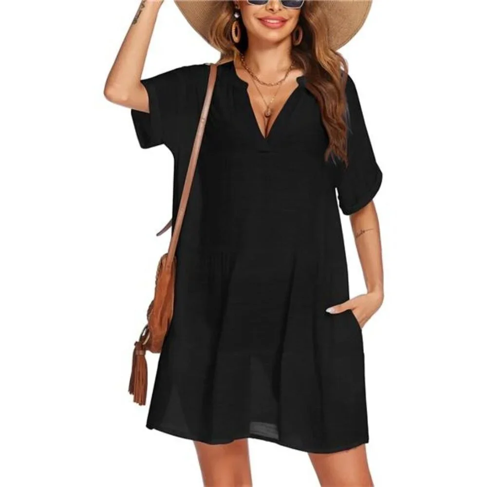 Women's Beach Cover Up Dress V-Neck Short Sleeve A-Line Swimsuit Bikini - Picture 1 of 7